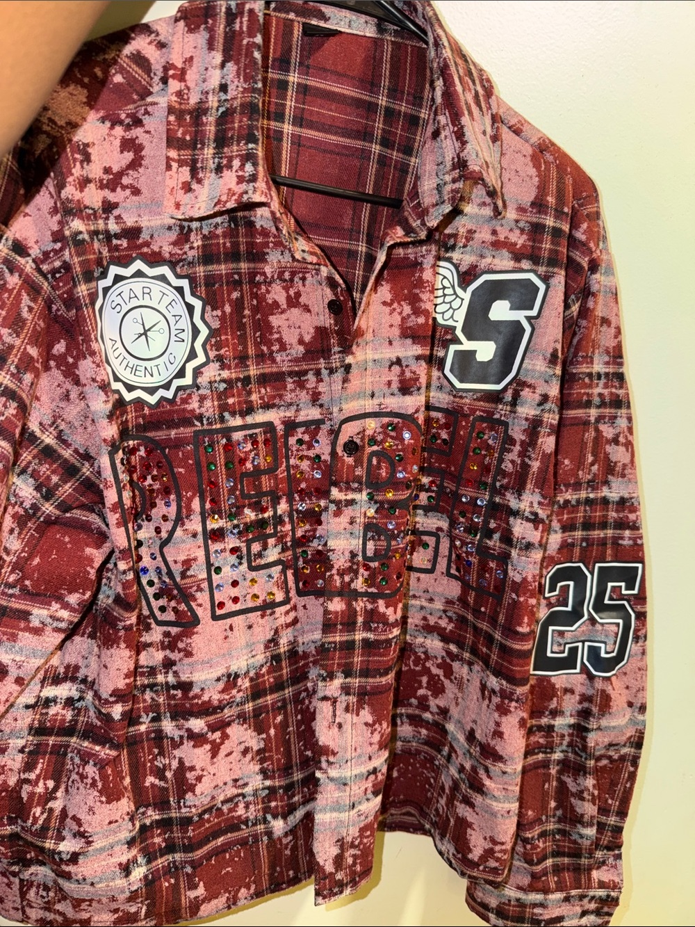 ROMWE UNISEX Red Pink Plaid 'REBEL' Embellished Button-Down Shirt